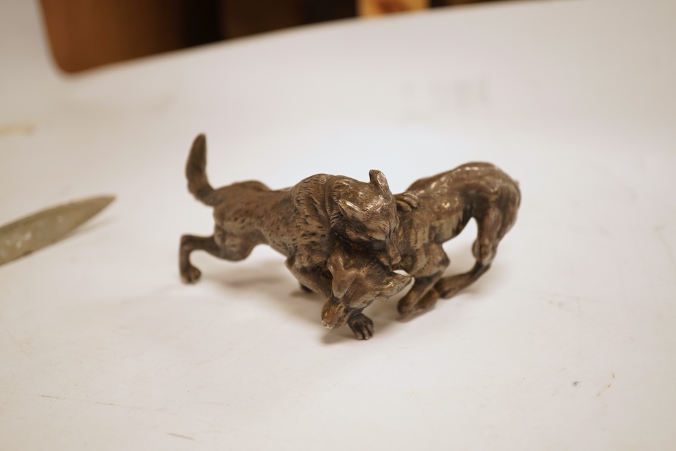 A novelty horse-related cruet stand, a pair of silver mounted horn beakers and three other items